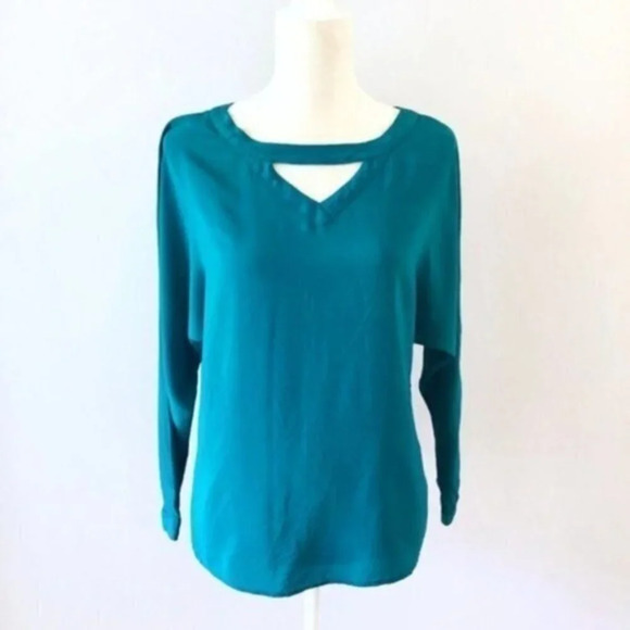 Jack Mulqueen Teal Silk Cutout Bar Back Blouse Top - Picture 1 of 4